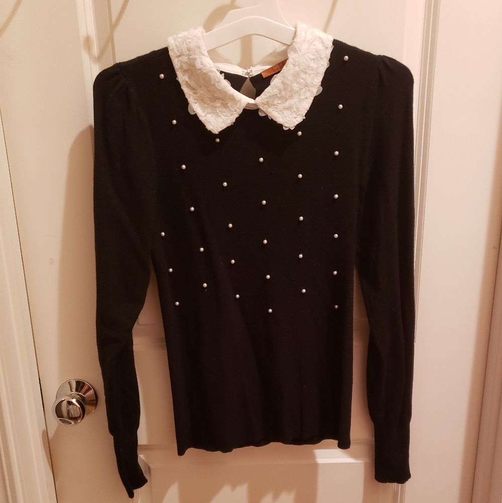 Black knit beaded collared top